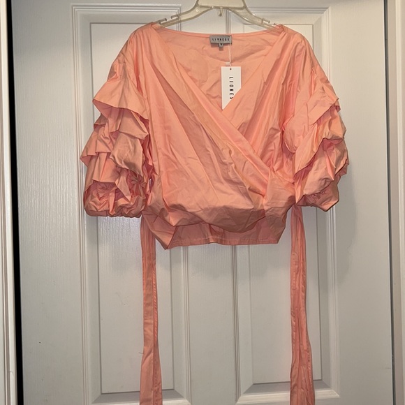 Wrap Top off shoulder in salmon pink - Picture 2 of 8